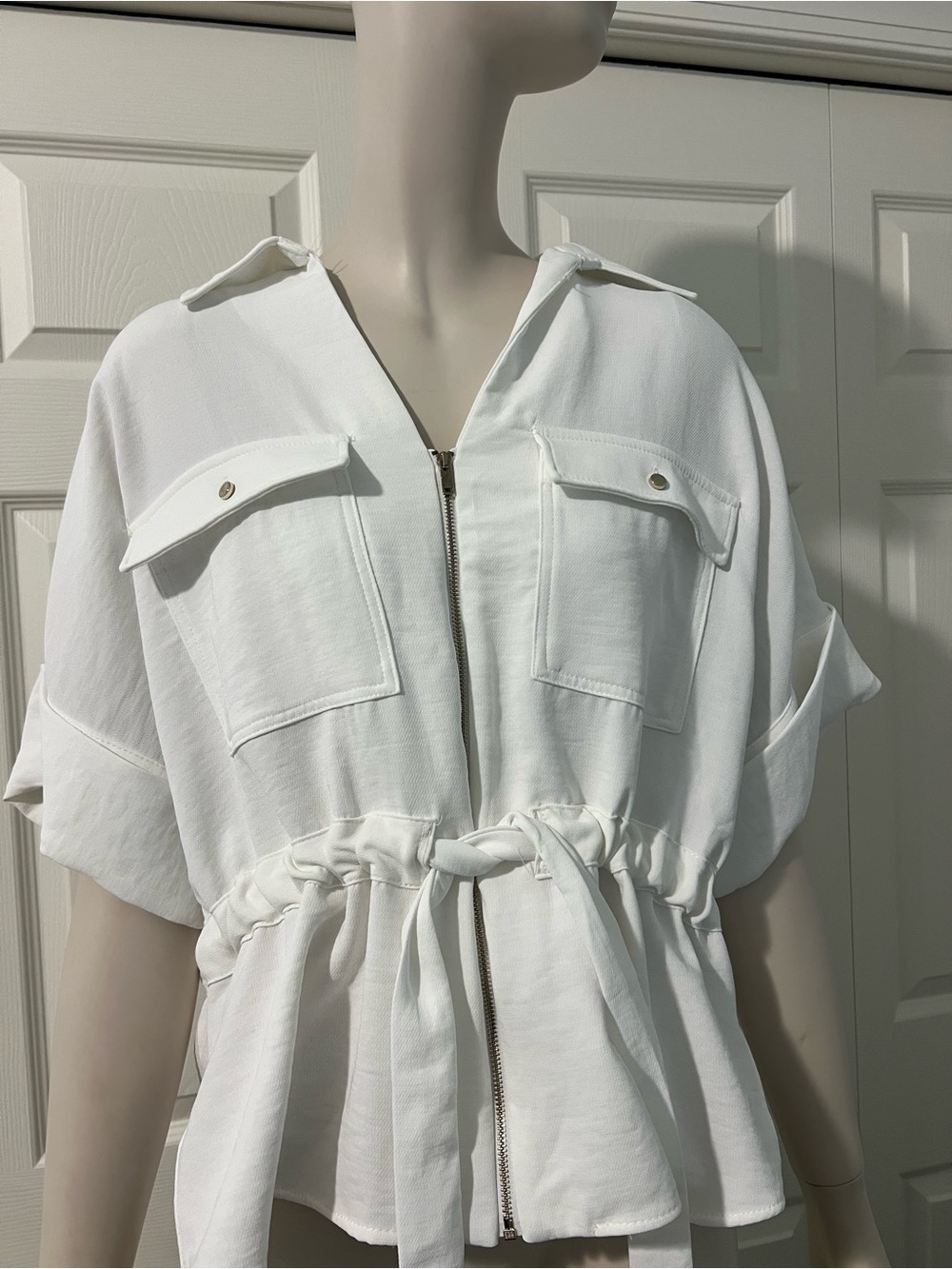 Zara White Short Sleeve Zip Front Utility Top